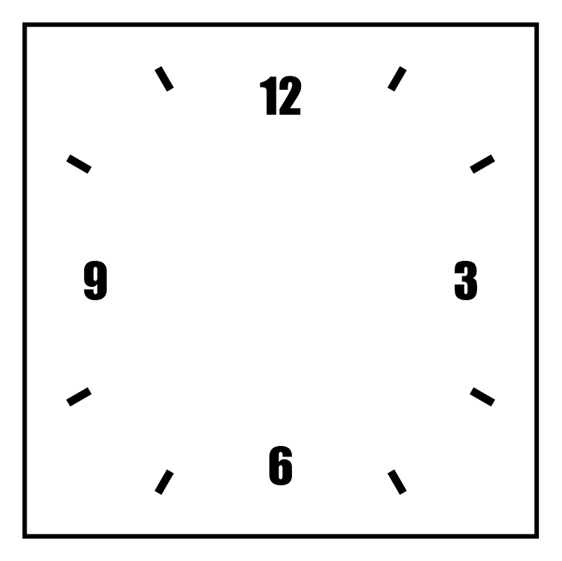 Square vinyl clockface decal close-up with black 12, 3, 6, 9 numerals on white