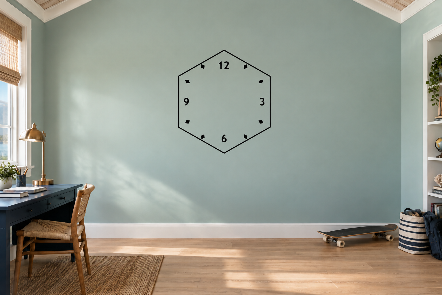Hexagon vinyl clock decal with numbers 12, 3, 6, 9 and corner minute markers