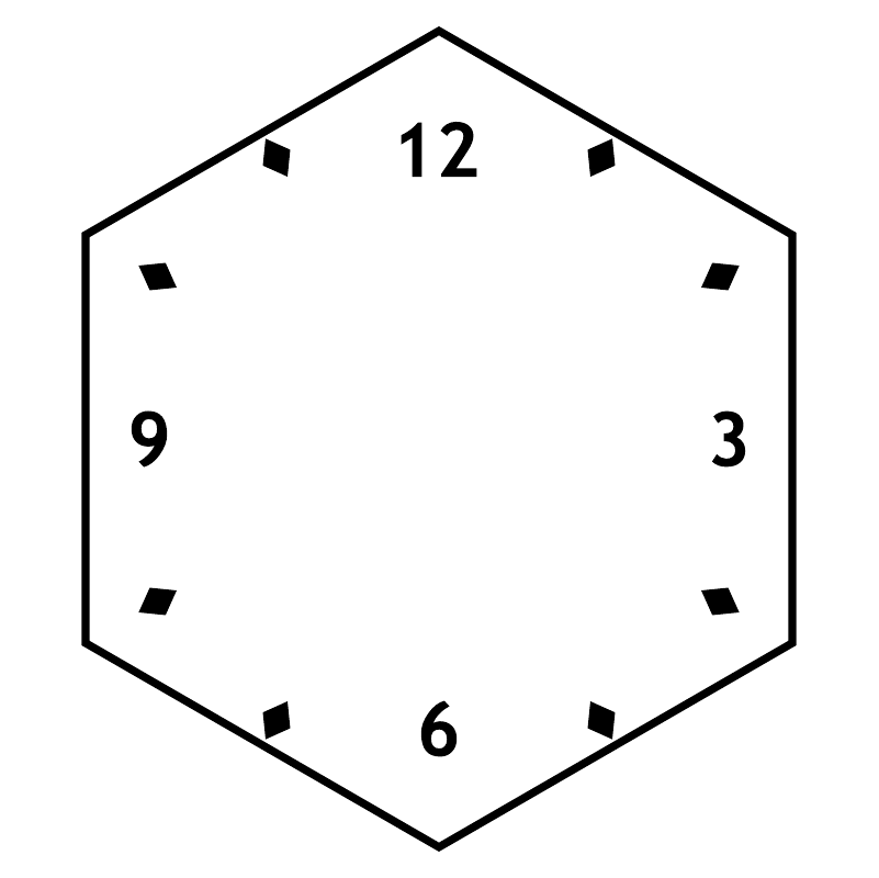 Close-up hexagon vinyl clock decal with 12, 3, 6, 9 numbers and small minute marks