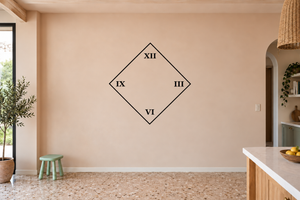 Diamond clockface vinyl decal with roman numerals IX, III, VI, XII in black
