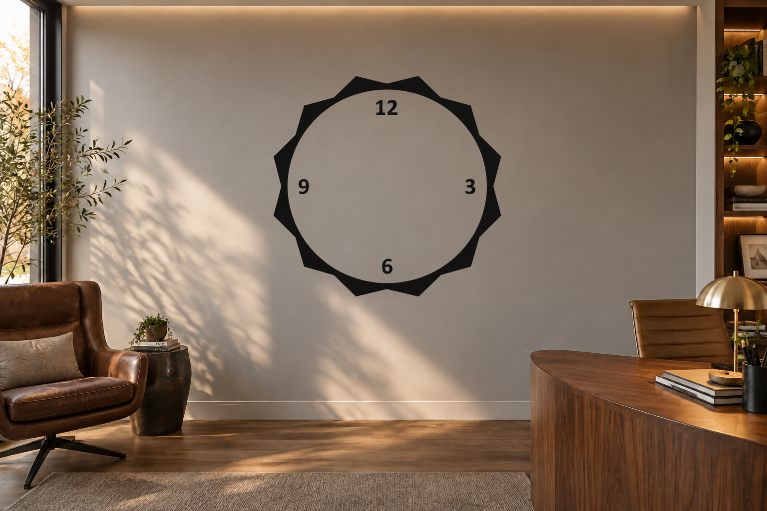 Vinyl clockface decal with black sunburst ring and numbers 3, 6, 9, 12 on white