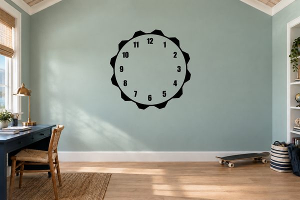 Round vinyl clockface decal, white center with black numbers and spiked black border