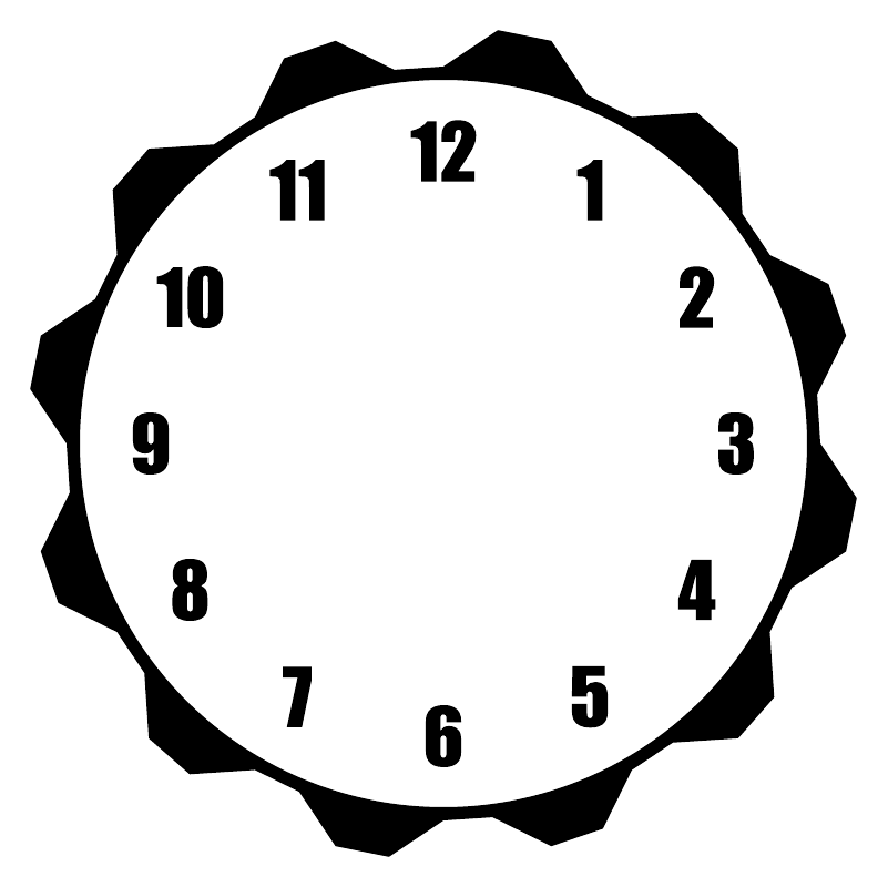 Close-up round clockface vinyl decal, white face with black numerals and jagged black edge