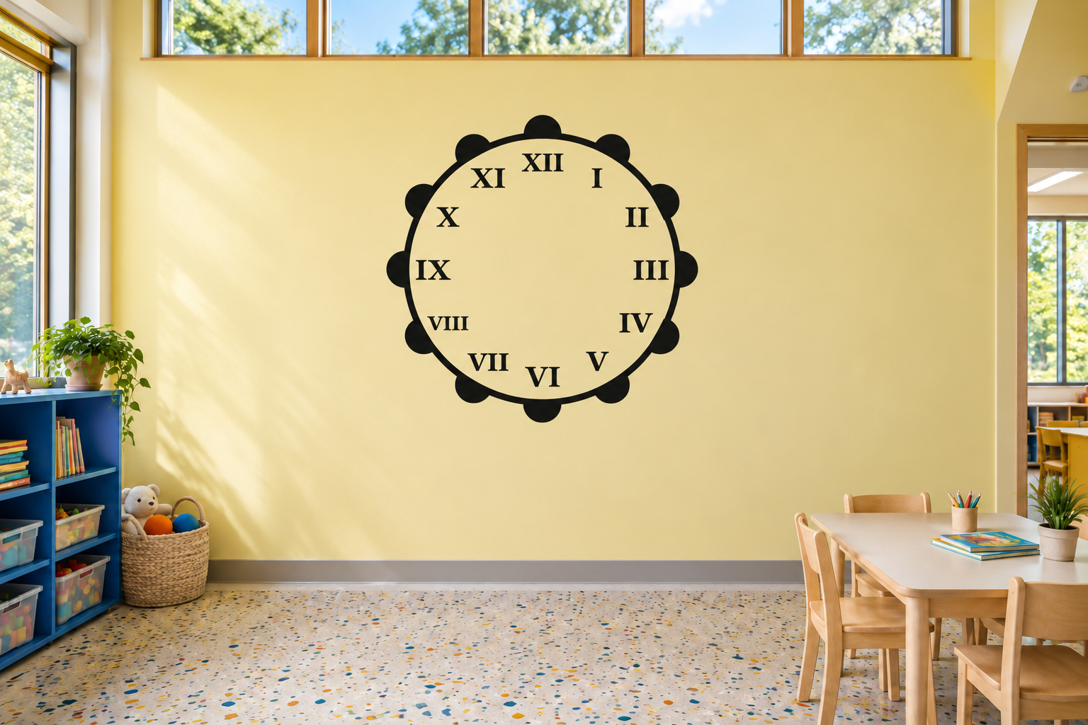 Scalloped vinyl clockface decal with black Roman numeral design