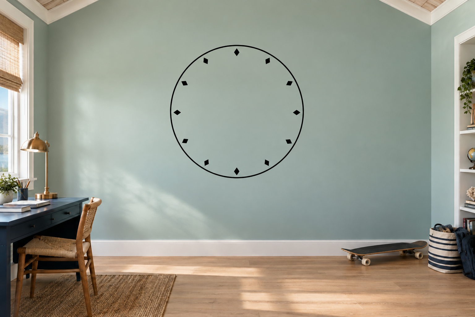 Round vinyl clockface decal with black border and diamond minute markers