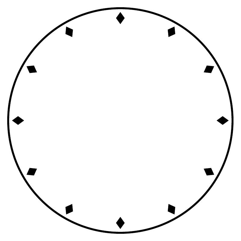 Circular vinyl clockface decal with black outline and diamond index markers, full view