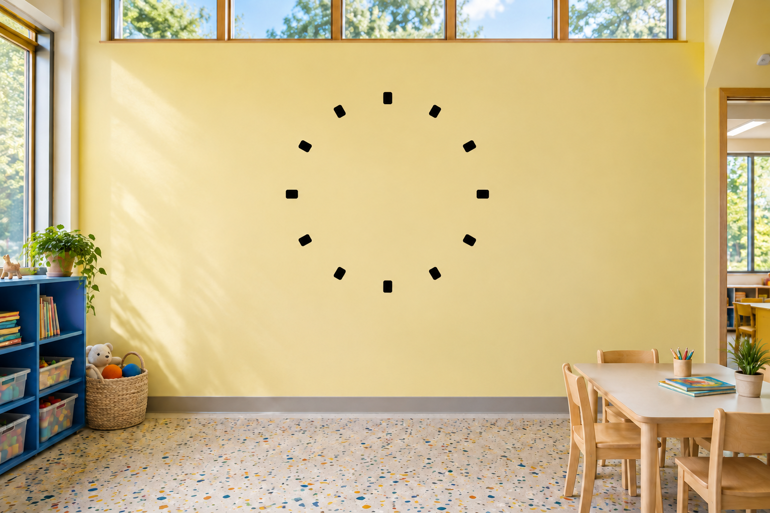 Clockface vinyl decal with black square hour markers in a circular ring