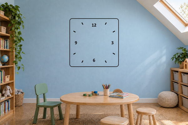 Square vinyl clockface decal with black numbers 12, 3, 6, 9 and tick marks