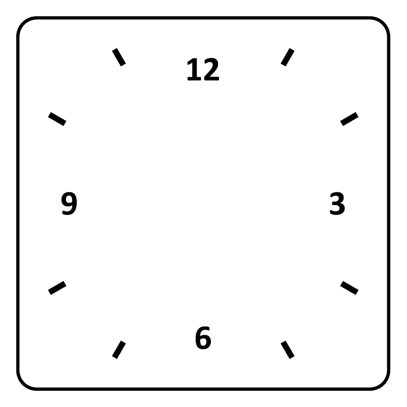 Square vinyl clockface decal, rounded black border, 12/3/6/9 and tick marks on white