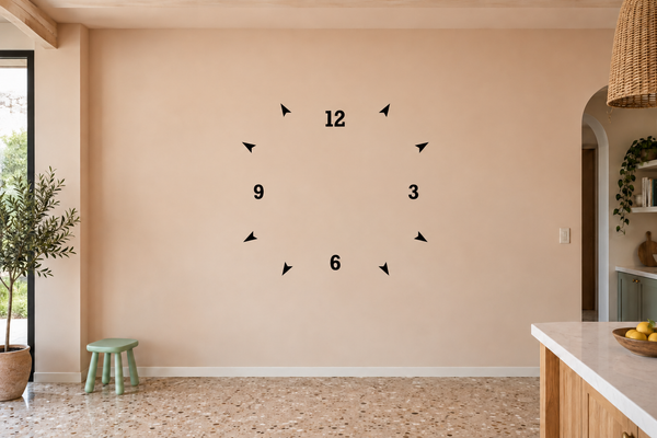 Clockface vinyl decal with black numbers and arrow minute markers on a wall