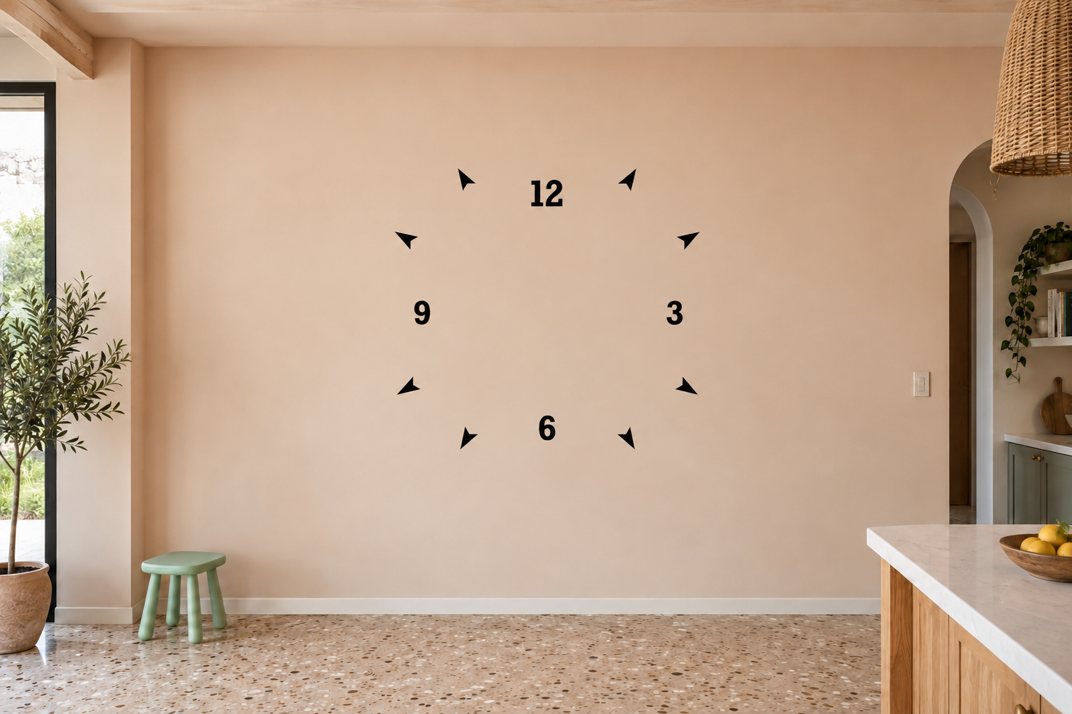 Clockface vinyl decal with black numbers and arrow minute markers on a wall