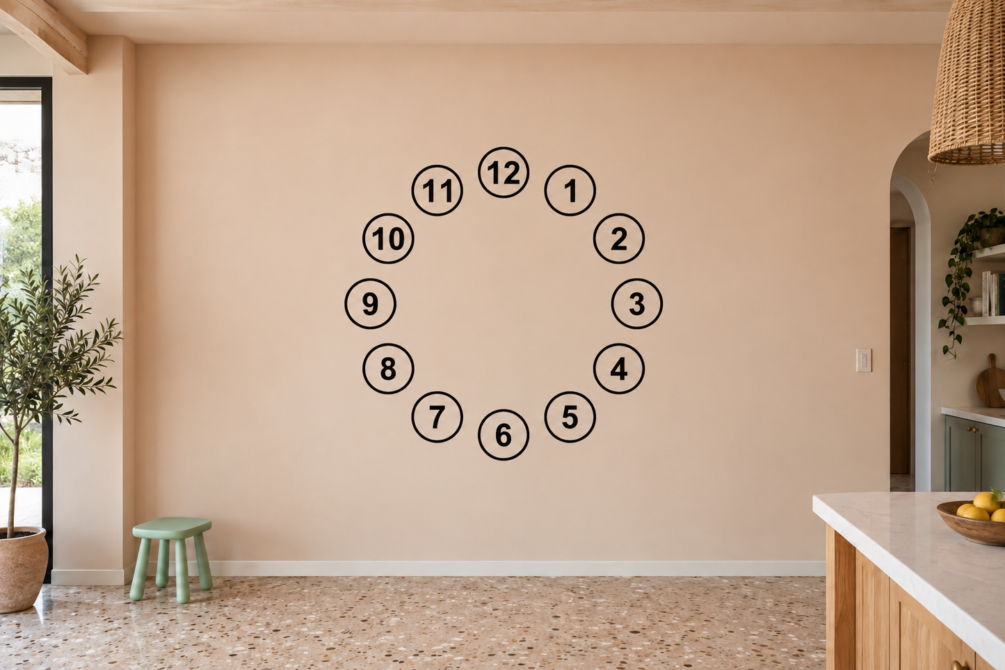 Orbit clock numeral vinyl decal (ClockfaceCX020) with numbered circles 1–12