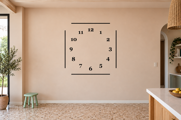 Vinyl clockface wall decal with black serif numerals and rectangular border lines