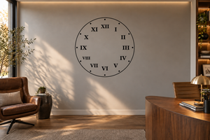 Round clock face wall vinyl decal with black Roman numerals and minute marker dots