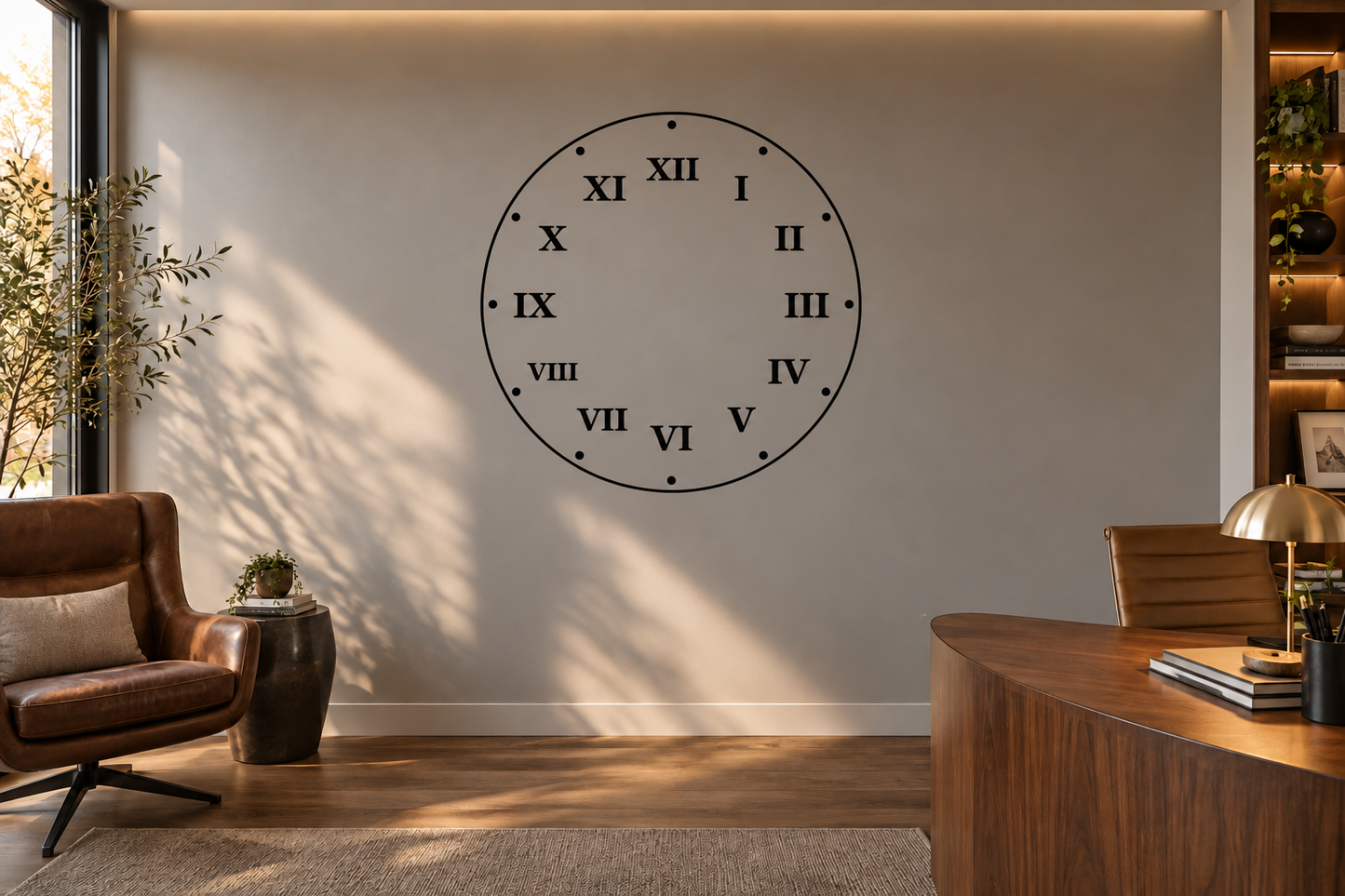Round clock face wall vinyl decal with black Roman numerals and minute marker dots