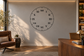 Round clock face wall vinyl decal with black Roman numerals and minute marker dots