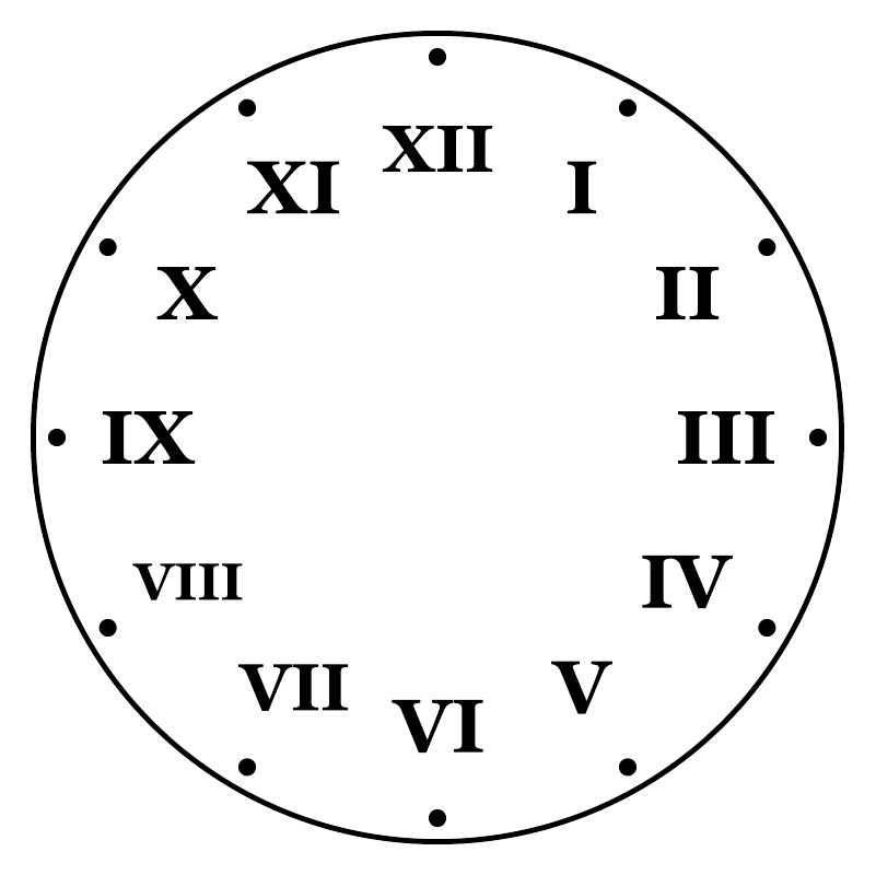 Close-up round clock face vinyl decal with Roman numerals I–XII and outer dot markers
