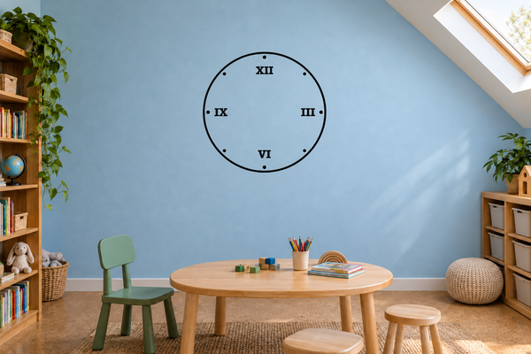 Vinyl clockface wall decal with Roman numerals XII, IX, III, and VI in a circle