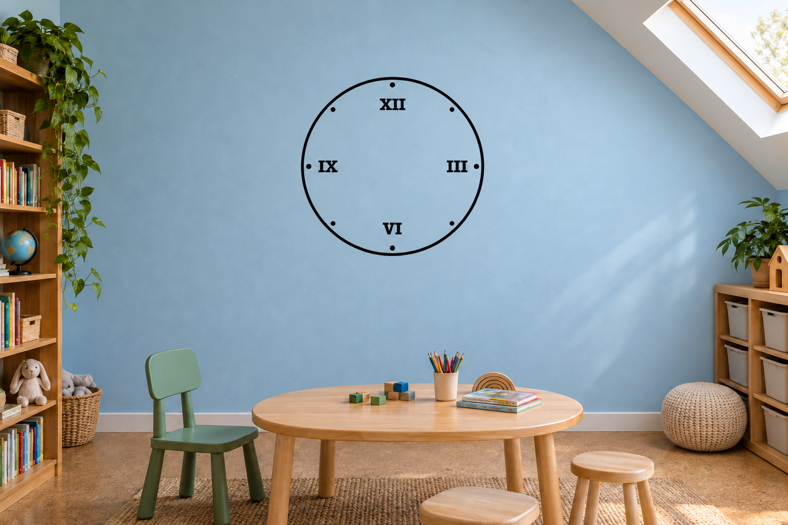 Vinyl clockface wall decal with Roman numerals XII, IX, III, and VI in a circle