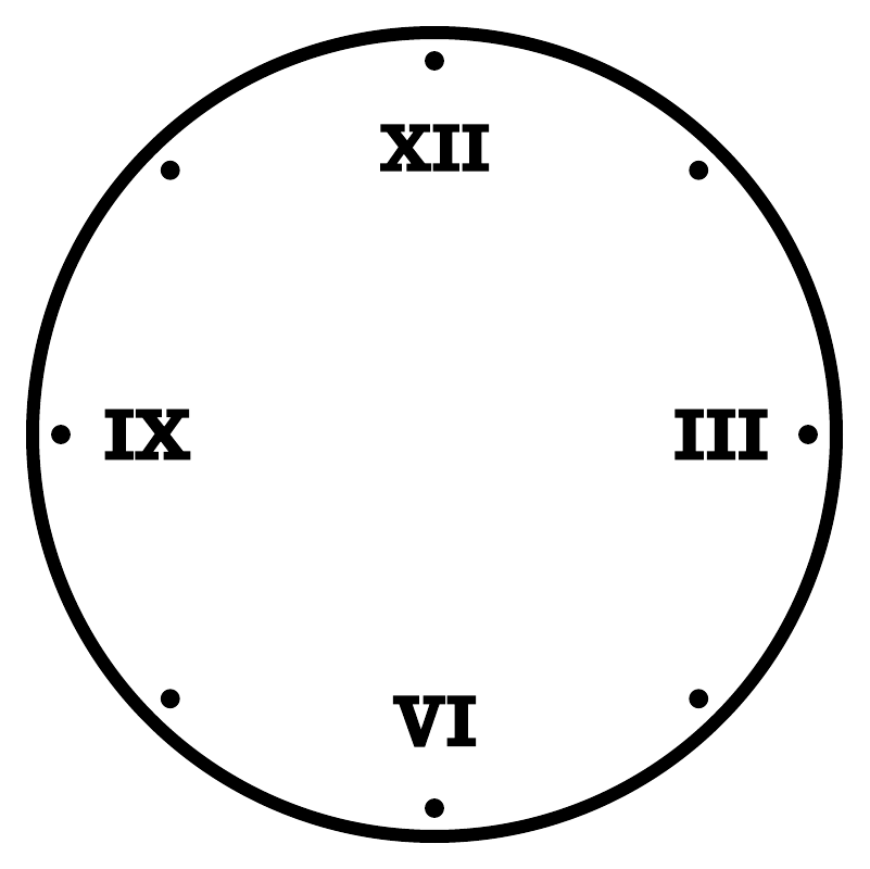 Circular vinyl clockface decal with Roman numerals XII, IX, III, and VI, black on white