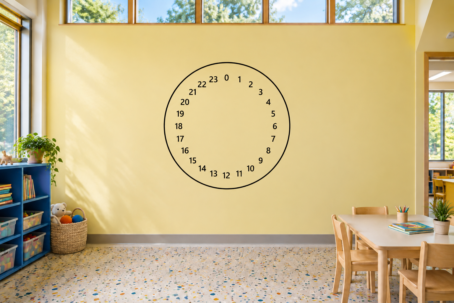 Circular clock-face vinyl decal with black numbers 0–23 around a thin ring