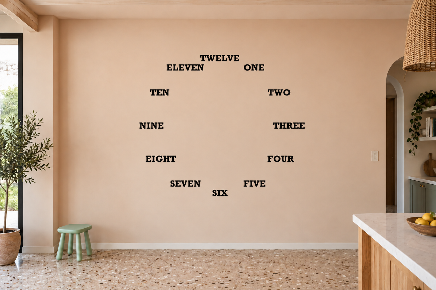 Word hour dial vinyl decal with clock numerals: twelve through six