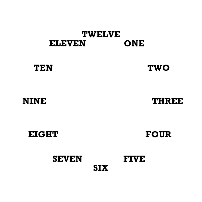 Word hour dial vinyl decal with centered hour words: twelve through six