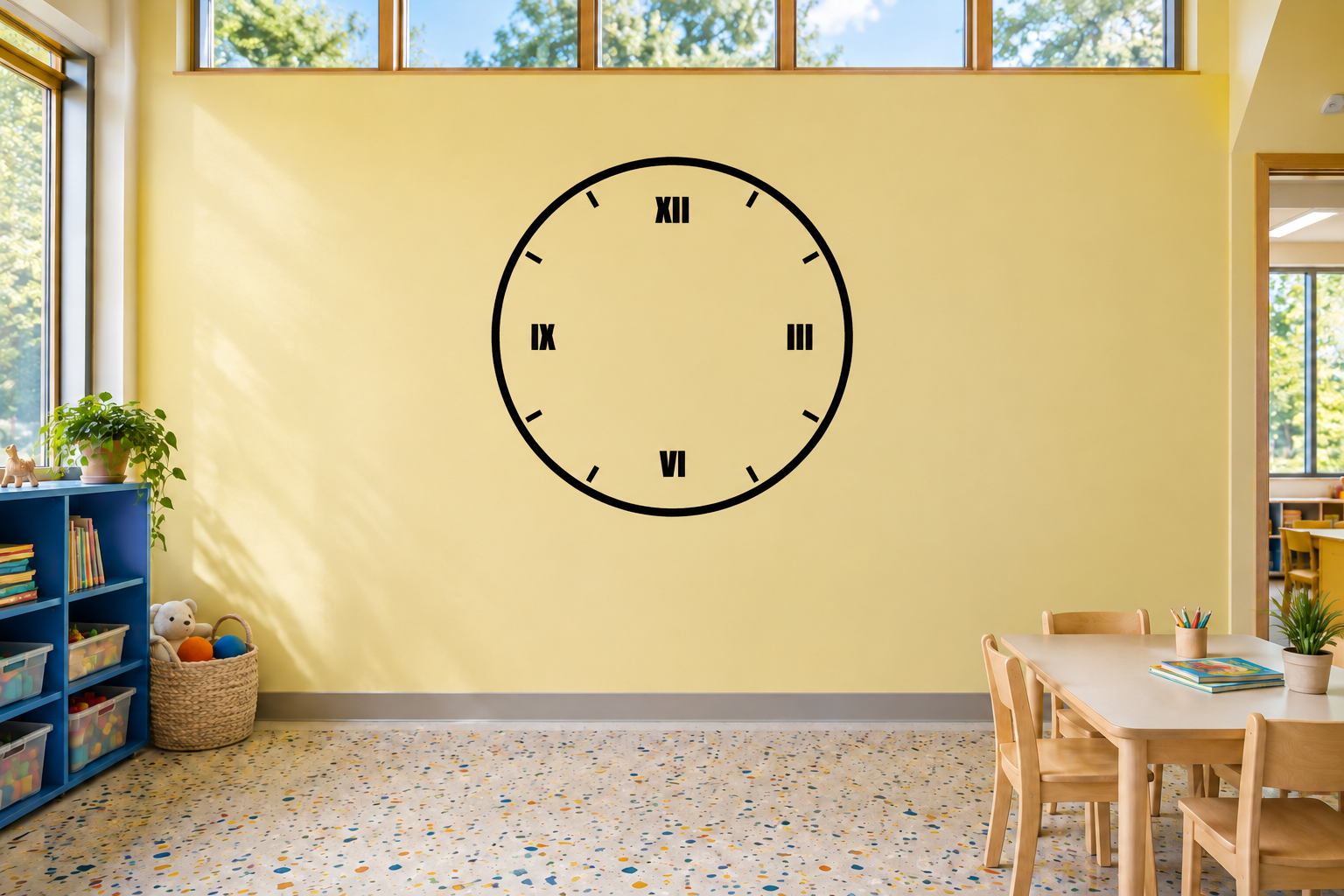 Bold Roman numeral clockface vinyl decal on wall
