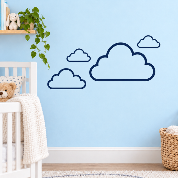 Vinyl wall decal set with four navy cloud outline designs, white centers