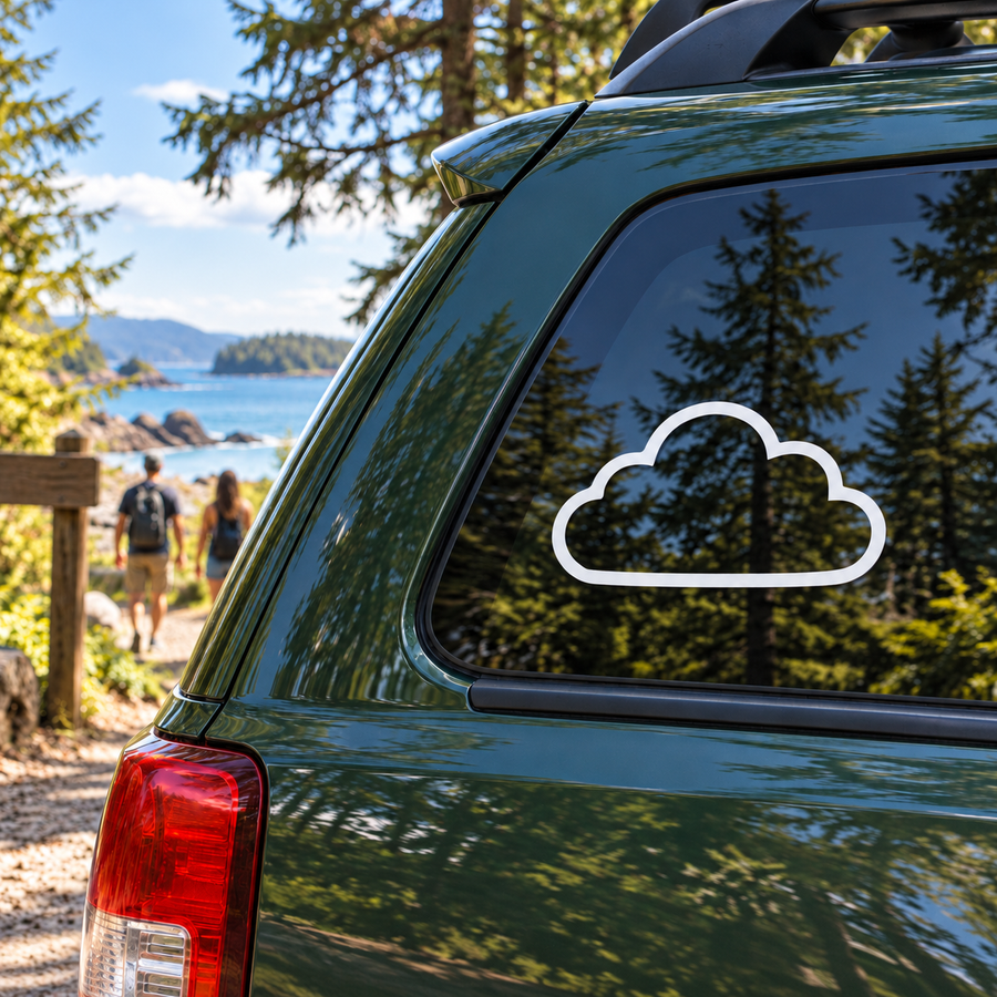 Cloud outline vinyl decal with white fill and thick black border, on car window