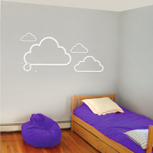 Four-piece cloud outline wall decals with orbit dot halo, white