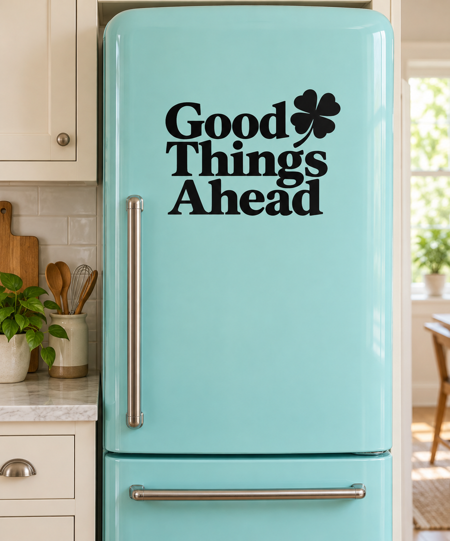 Black vinyl decal: 'Good Things Ahead' with clover icon