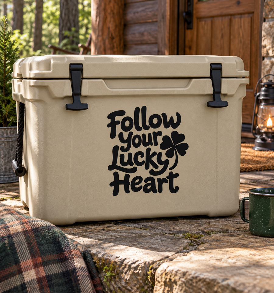 Black vinyl decal: "Follow Your Lucky Heart" with four-leaf clover heart