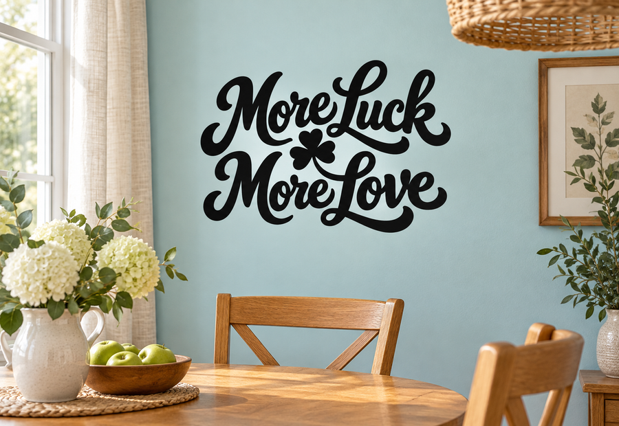 Vinyl wall decal text "More Luck More Love" with clover, black