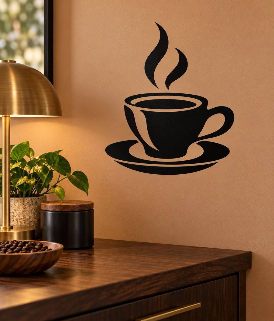 Coffee cup and steam vinyl decal in black, on a brown wall