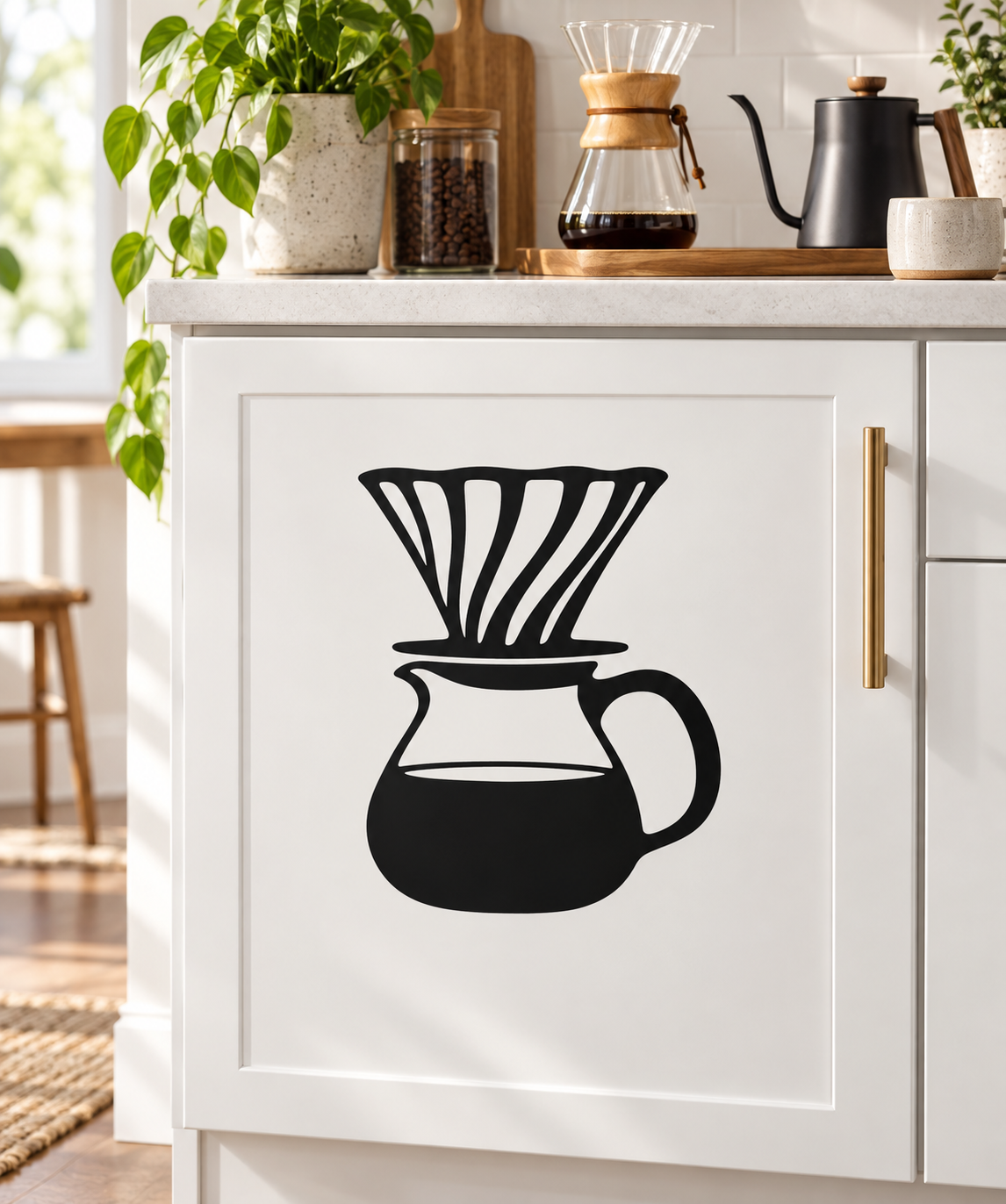 Pour-over coffee vinyl decal with black dripper and carafe icon on a cabinet door