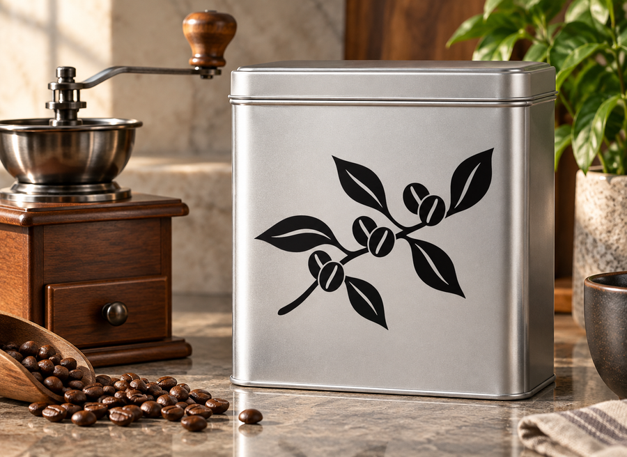 Coffee bean sprig vinyl decal, black coffee branch icon on silver tin