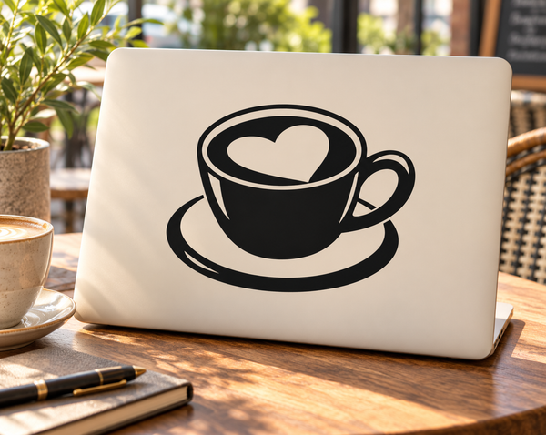 Latte heart coffee cup vinyl decal, black graphic on light background