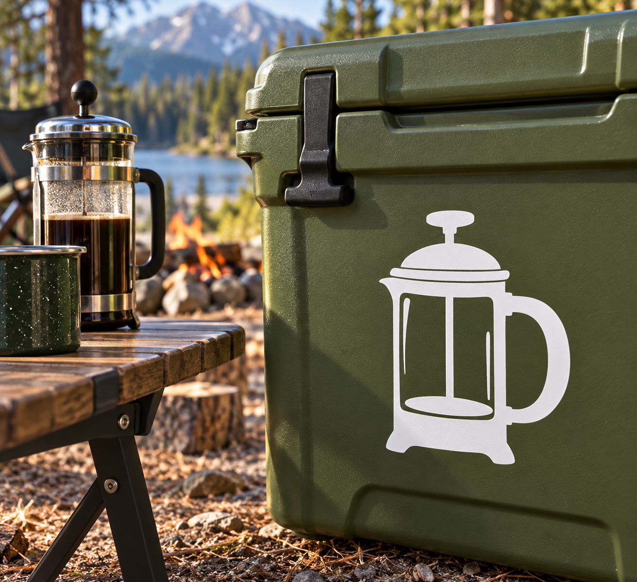 French press vinyl decal on green case, white coffee press icon