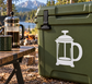 French press vinyl decal on green case, white coffee press icon