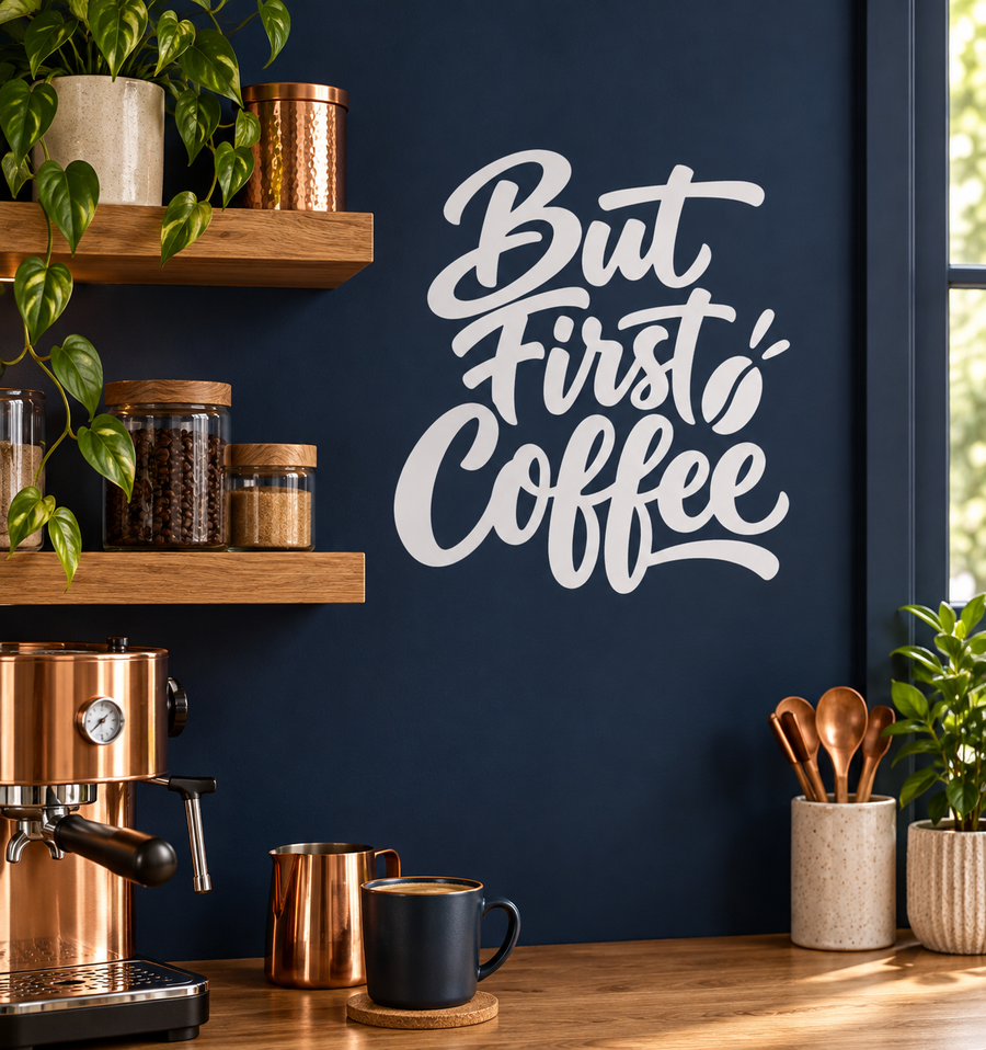 Coffee quote vinyl decal with 'But First Coffee' script lettering