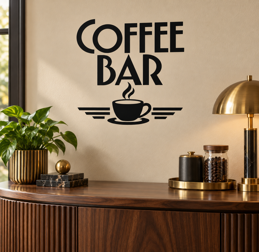 Coffee bar vinyl decal with black "COFFEE BAR" lettering and coffee cup icon