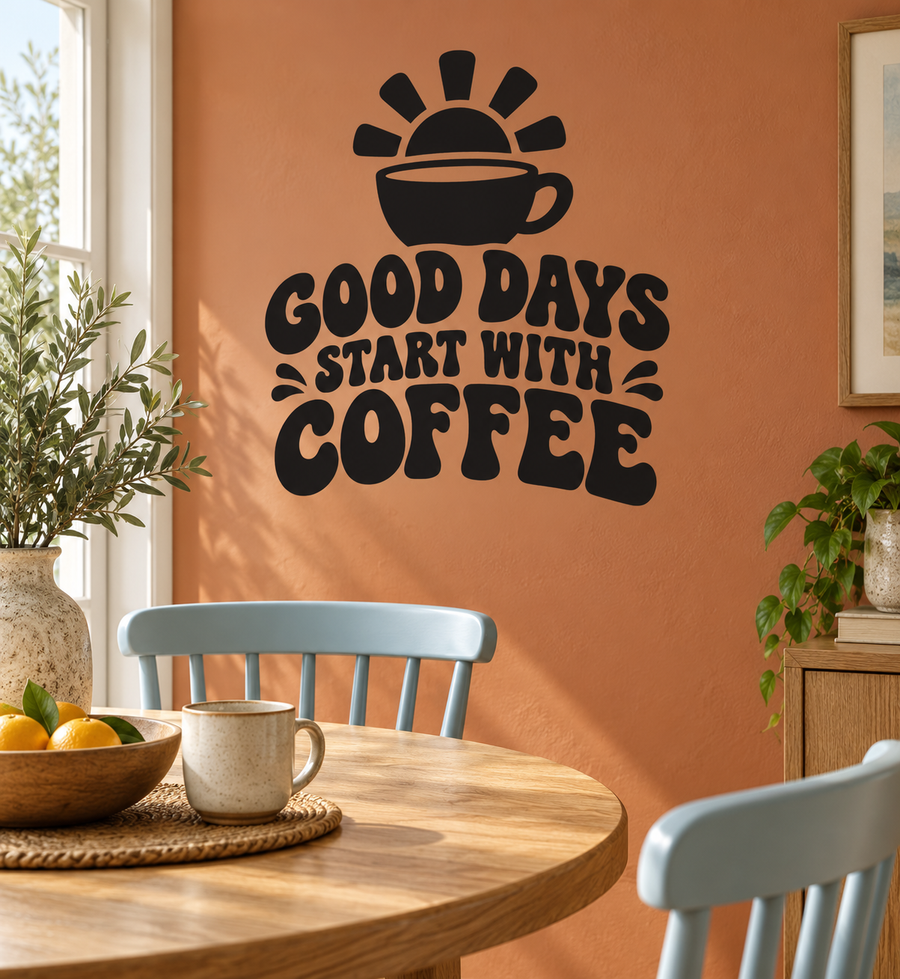 Coffee-themed vinyl wall decal with coffee cup icon and 'Good Days Start with Coffee' text