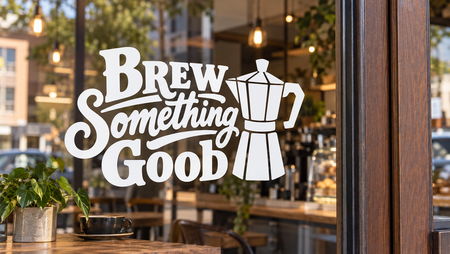 White vinyl coffee decal with 'Brew Something Good' and coffee maker icon