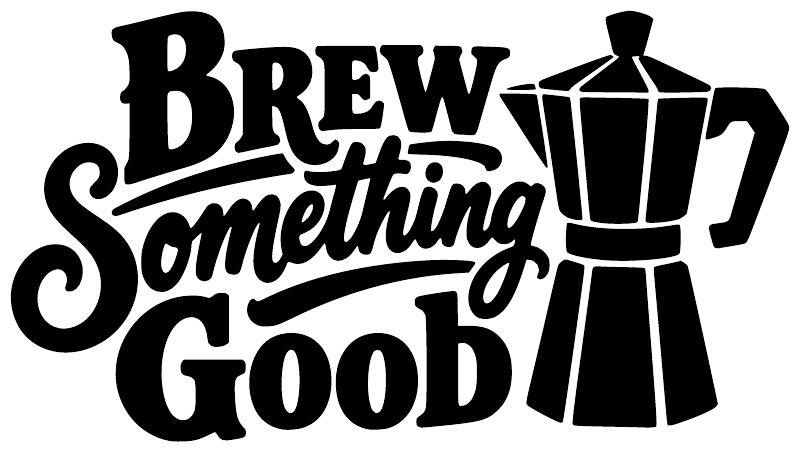Black-and-white vinyl coffee decal reading 'Brew Something Good' with espresso pot icon