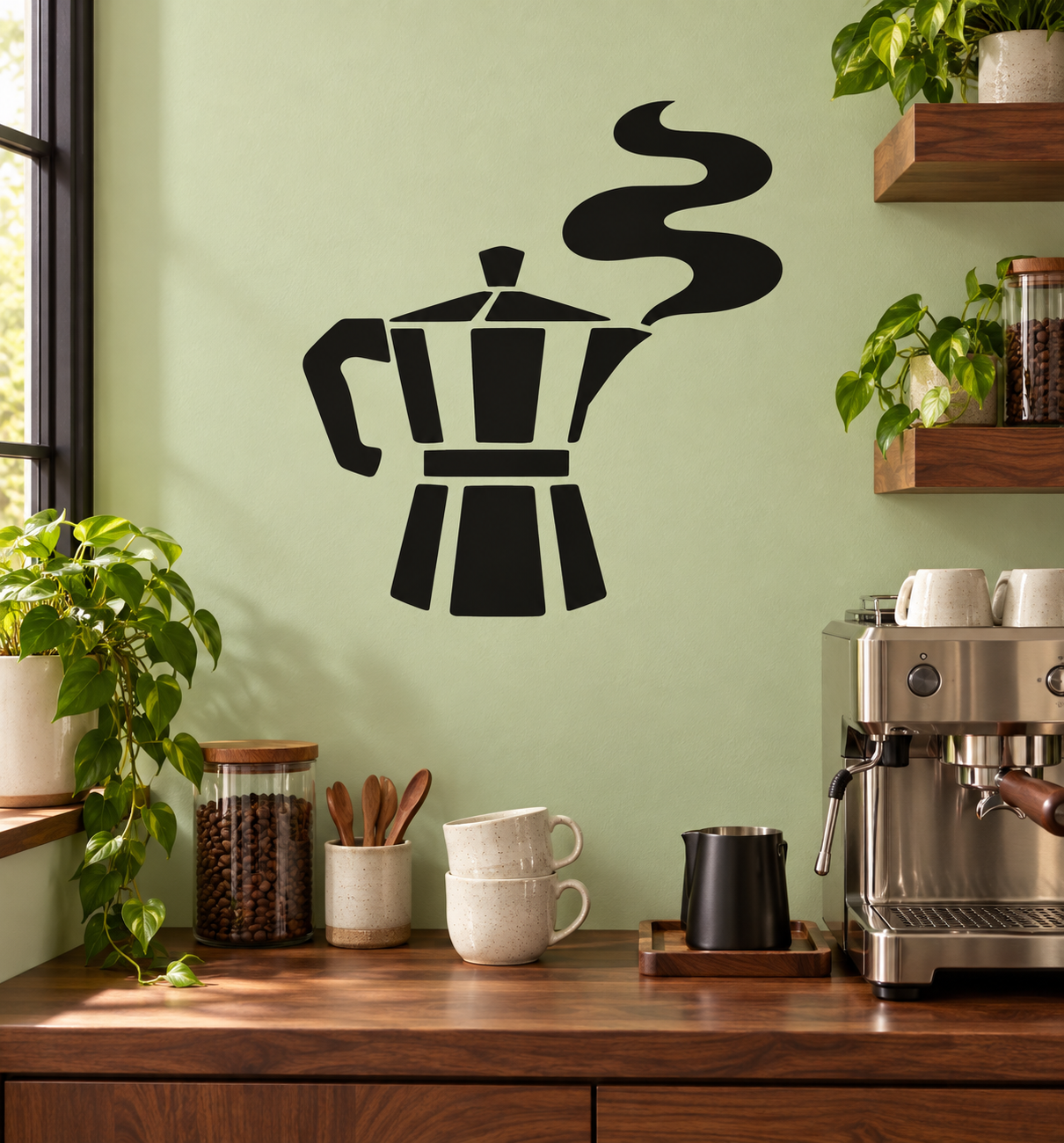 Black vinyl decal of a moka pot with curling steam lines