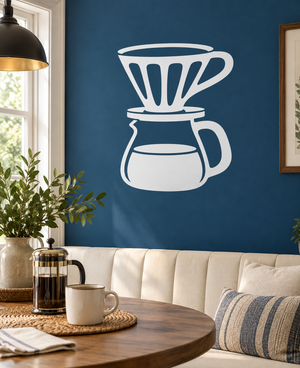 Coffee dripper vinyl decal with white outline and handle, on a blue wall