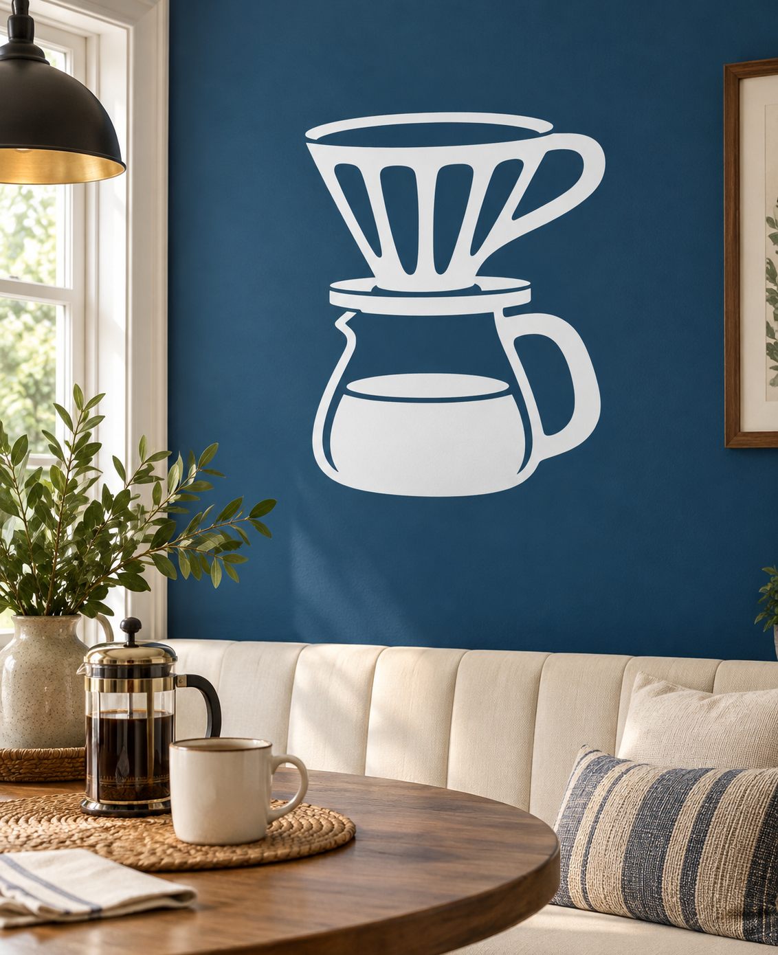 Coffee dripper vinyl decal with white outline and handle, on a blue wall