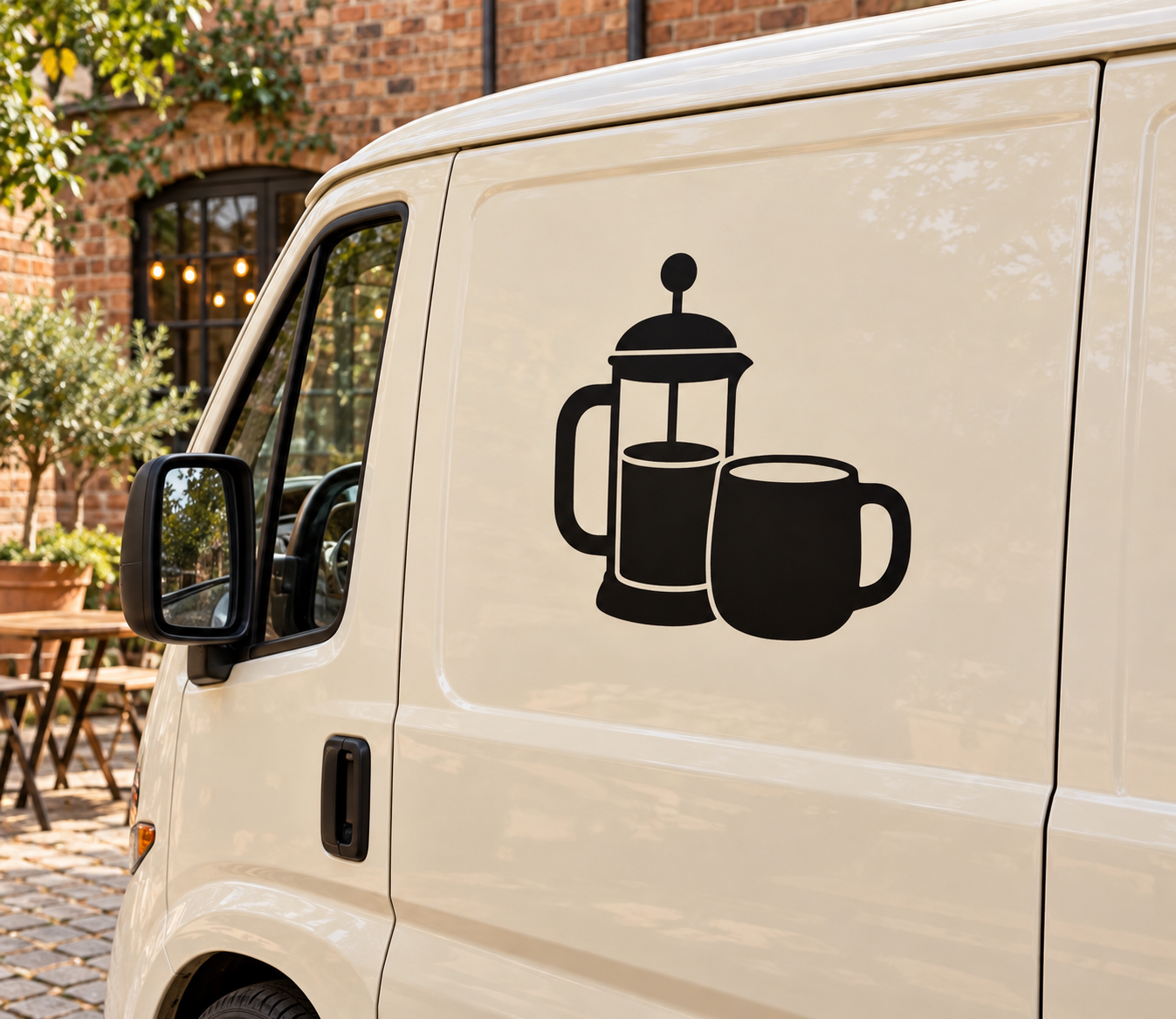 Black French press and mug vinyl decal with coffee icon on light vehicle panel