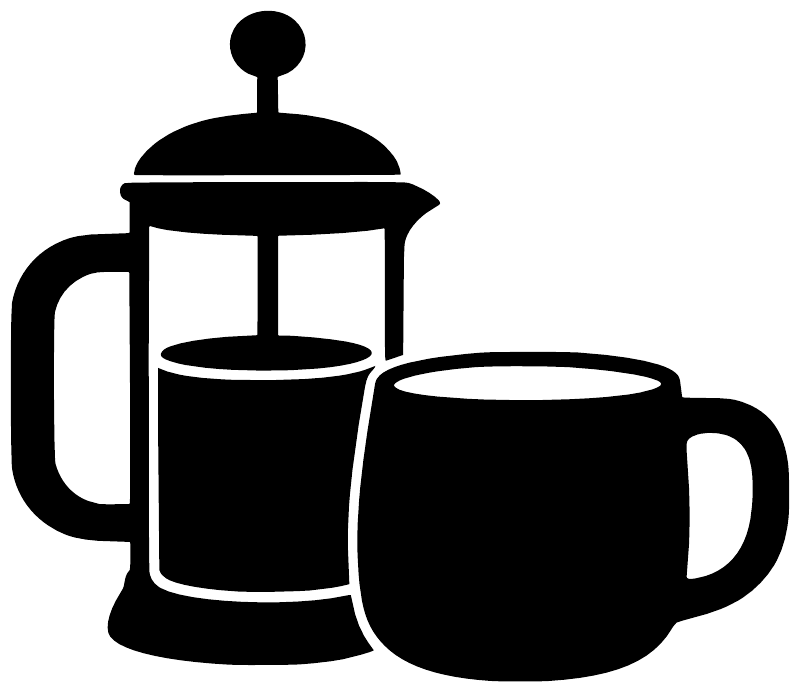 Black vinyl decal graphic of French press and two coffee mugs with handles